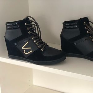 Versace Mixed-Media Wedge Sneakers, Black